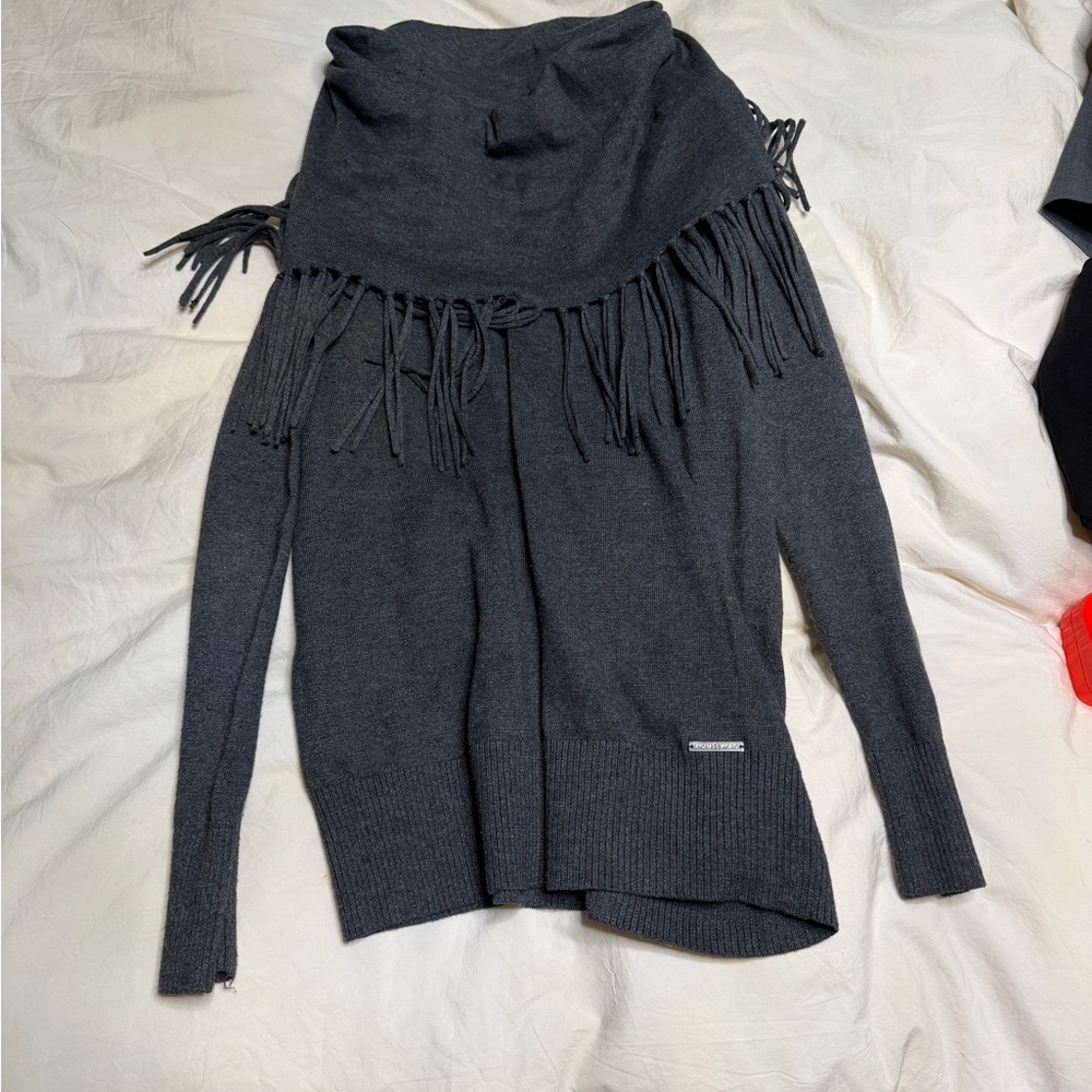 Michael Kors Dark Charcoal Off-the-Shoulder Fringe Sweater